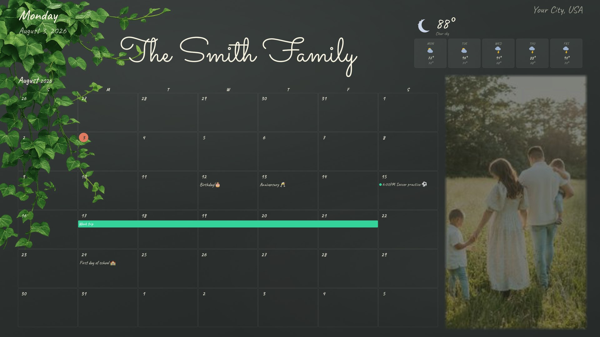 Piazza HQ running on an actual wall display — a family calendar, weather, and photo widget